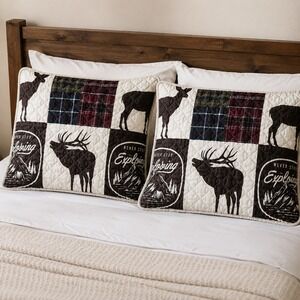 Rustic Lodge Elk Plaid Patchwork Quilted Pillow Sham Set of 2 Brown Cream 25x19